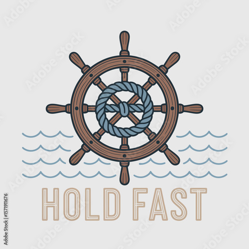 Nautical helm with rope and waves graphic featuring the phrase hold fast symbolizing maritime adventure and steadfastness
