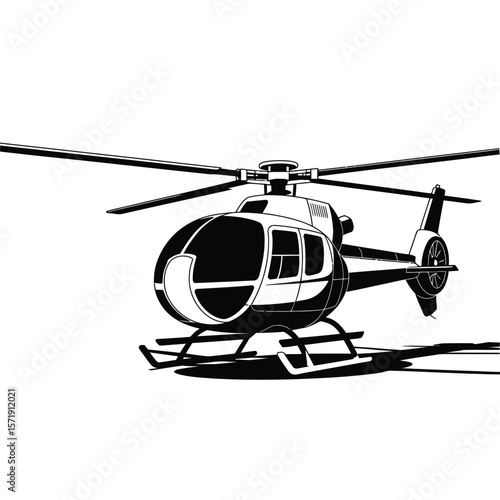 Black and white illustration of a modern helicopter with rotor blades and skids