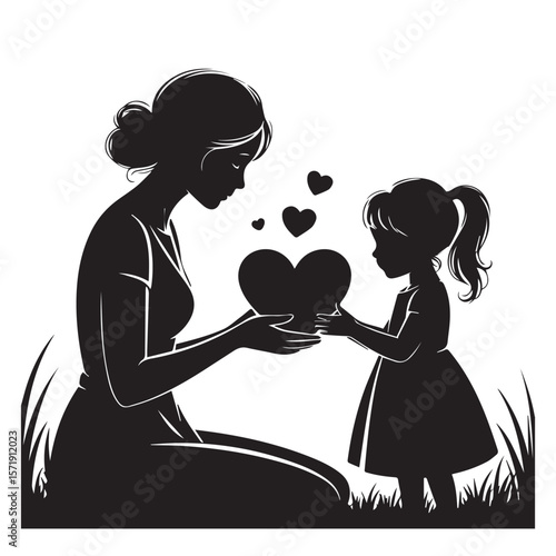Mother and daughter sharing a heart symbolizing love and connection in a silhouette