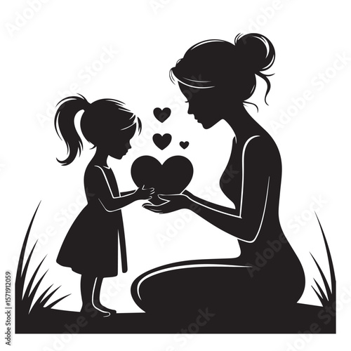 Silhouette of a mother and daughter sharing a heart with love and connection