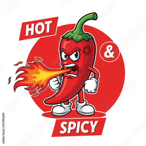 Hot and Spicy Noodles Logo Vector with Cartoon Chili Pepper Mascot and Megaphone