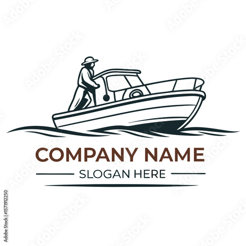 Watercraft logo with a figure on the helm of a boat on water