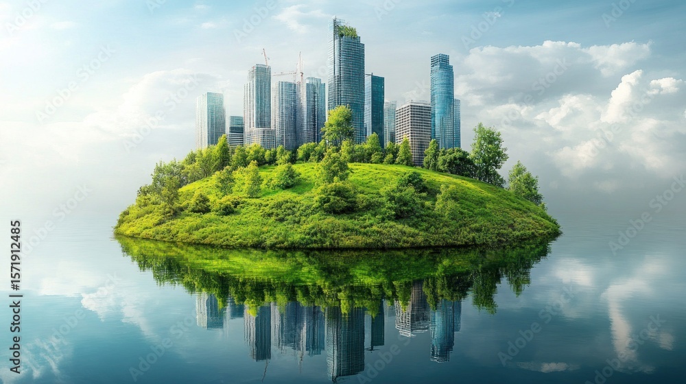 Fototapeta premium a harmonious coexistence showcases a sustainable city concept merging urban development with nature on a verdant hill island floating in tranquil waters against a serene sky