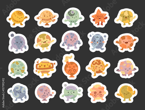 Cute cartoon planets set showing scandinavian style character poses and floating elements in cosmic space with astronomy theme for educational illustration creative designs projects