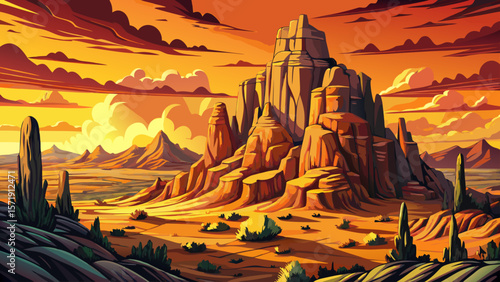 Shiprock vector landscape, New Mexico desert scene, iconic rock formation, southwestern nature, arid terrain, red earth, dry plateau, American southwest, travel destination, cultural landmark cartoon