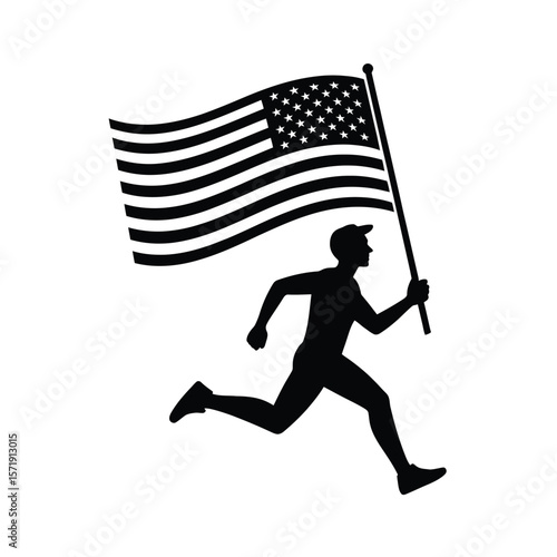 Silhouette of a man running with the american flag on a white background