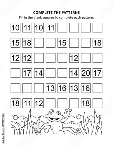 Educational math activity sheet and coloring page for kids. Learn and practice basic skills of recognizing sequential patterns.
