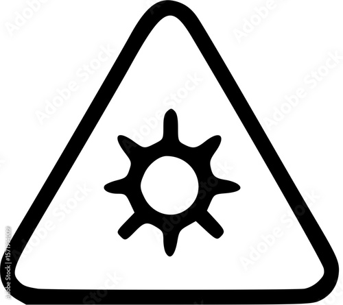 Sun Warning Icon: A bold, triangular warning sign featuring a stylized sun graphic, conveying a message of caution regarding sun exposure or intense heat.