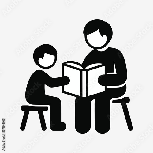 Adult and child sitting together reading a book educational concept icon