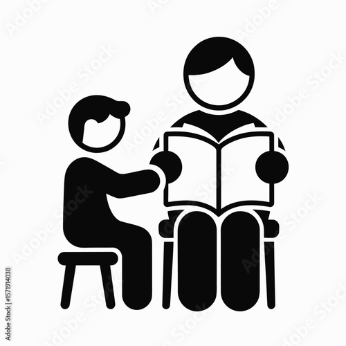 Two people sitting and reading a book together one person is younger