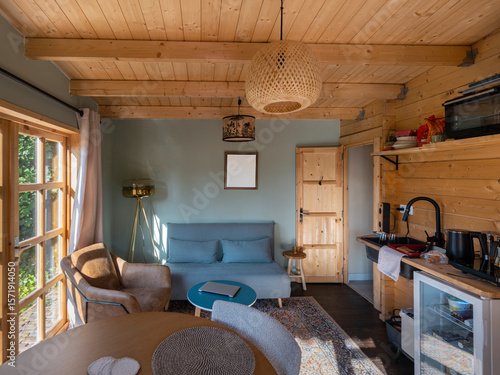 Εκτύπωση καμβά Modern tiny house interior with wooden ceiling beams, blue sofa, and compact kit