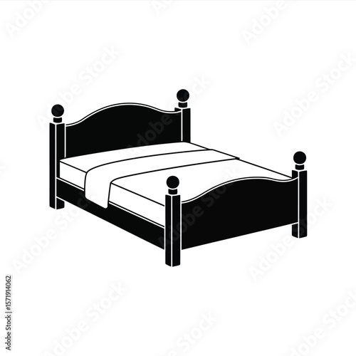 Simple black silhouette of a bed with white bedding on a white background