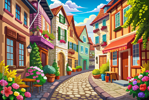 vector of A charming European street with bright cobblestones and colorful flowers. A quiet and quiet street.