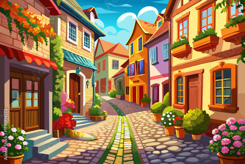 vector of A charming European street with bright cobblestones and colorful flowers. A quiet and quiet street.