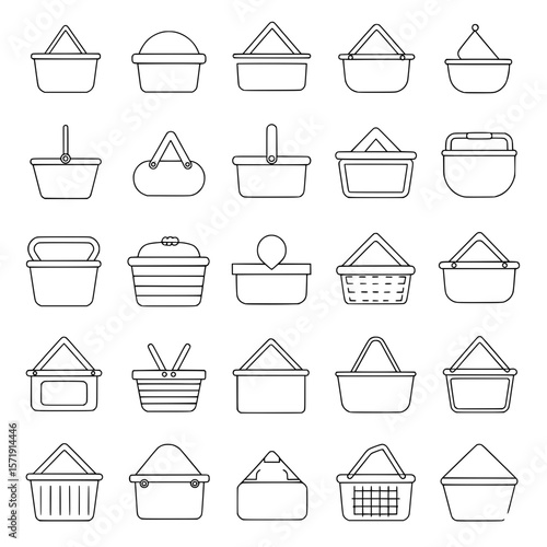 Various basket outline icons, including shopping, picnic, and storage designs, perfect for retail and leisure concepts.