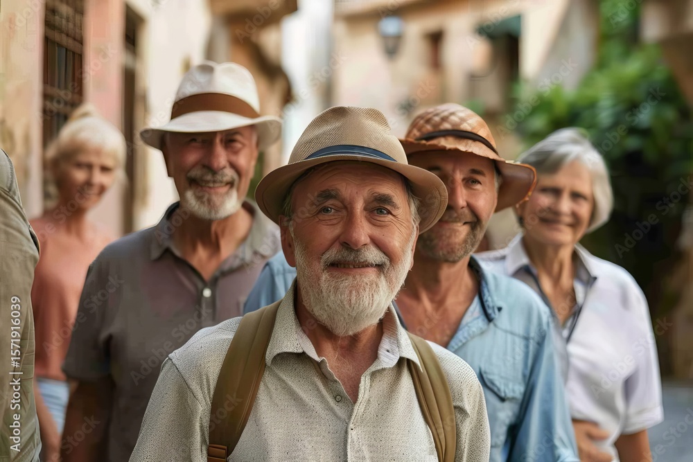 Portrait of a senior man in a hat with his family. Portrait of a senior man in a hat with his family.