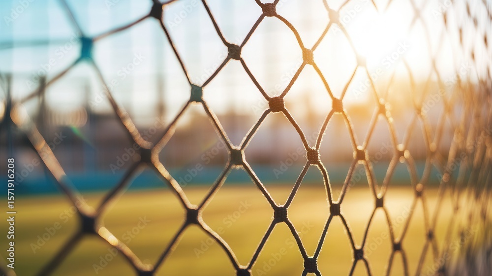 Fototapeta premium The sun shines through the soccer net on a bright day