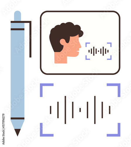 User face profile with sound wave analysis inside frame, pen beside. Ideal for speech recognition, AI, technology, innovation, communication, sound analysis user documentation. Simple flat metaphor