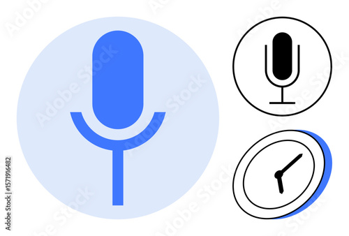 Blue minimalist microphone in focus with supporting clock icon for time management, productivity, and recording. Ideal for podcasting, broadcasting, voiceovers, time tracking, scheduling, creative