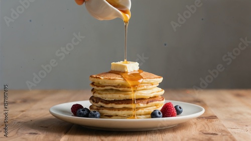 Stack of pancakes with syrup pour