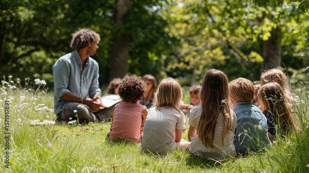 Fototapeta premium Children gather around a storyteller in a lush green park during a sunny afternoon
