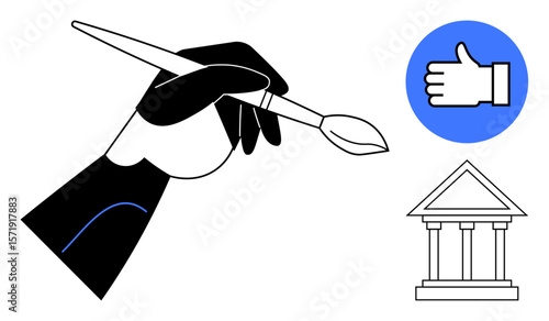 Hand holding a paintbrush, blue thumbs-up icon, and outline of a classic building. Ideal for creativity, art, design, approval, institutions, culture education simple landing page
