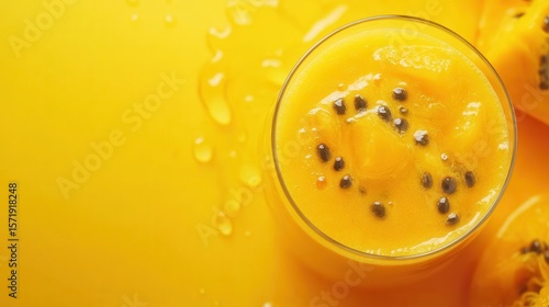 A refreshing mango and passionfruit smoothie is presented on a yellow background