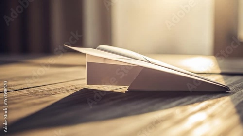 Paper Airplane on Wooden Surface with Sunlight and Shadow, Childhood Dream