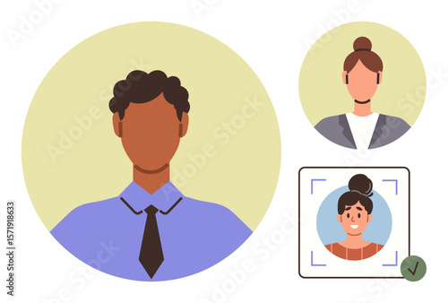 User avatars with diverse features, ID photo frame, and verification symbol. Ideal for identity verification, user profile, account creation, security, recruitment inclusivity social media. Clean