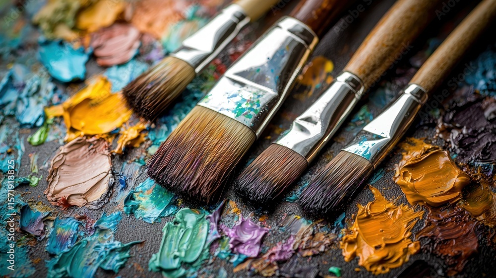 Fototapeta premium Artist's palette with paint and brushes