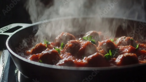 Hot meatballs simmer in tomato sauce in a cast iron pan, releasing flavorful steam