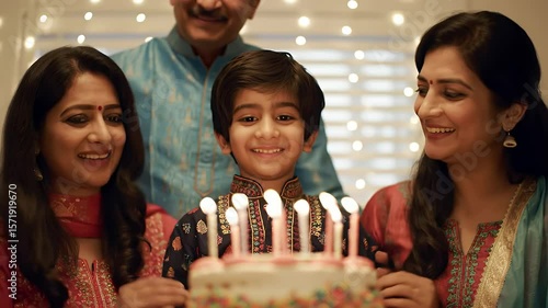 Joyful Indian Family Celebrates Childs Birthday with Lit Candles Cake in Warm Indoor Setting