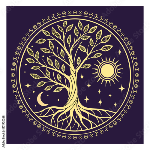 Golden tree of life with sun, moo,n and stars ona  purple background