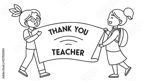 Happy students holding 'Thank You Teacher' banner. Black and white line art illustration showing children's gratitude for educators.
