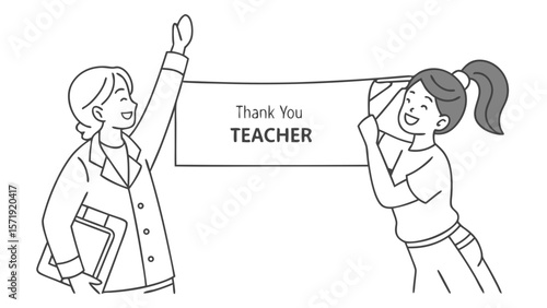 Thank You Teacher Concept: Student and educator holding gratitude banner, celebrating education and appreciation