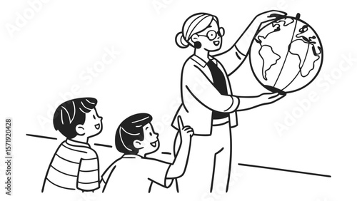 Teacher explaining world geography to young students with a globe. Education, learning, school concept in line art.