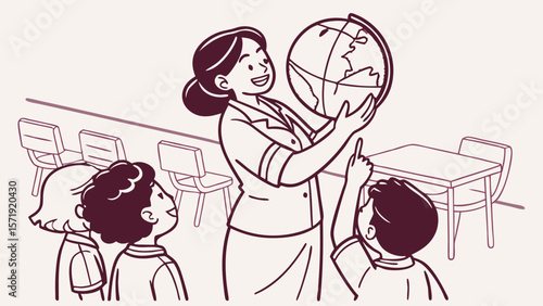 Teacher teaching geography with a globe to young students in a classroom. Educational illustration.