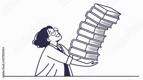 Joyful person balancing an immense stack of books, representing education, extensive learning, and academic pursuit.