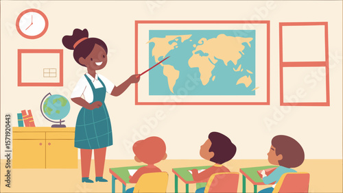 Teacher teaching geography with world map to diverse students in classroom. Education and learning concept.
