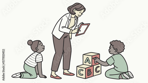 Early Childhood Learning: Teacher Supervising Children Playing with ABC Blocks Illustration