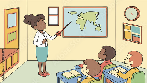 Female teacher pointing at world map, educating diverse elementary students in a classroom setting.