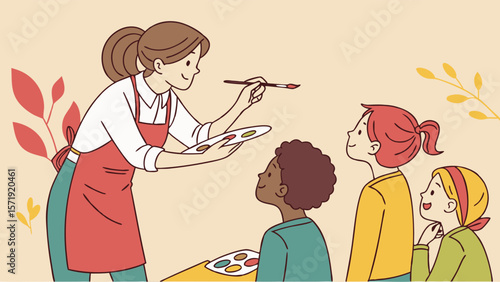 Art Teacher Guiding Diverse Children in Painting Class, Creative Workshop for Young Artists