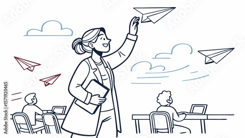 Businesswoman launching paper airplane, symbolizing innovation, leadership, and new ideas in office teamwork.