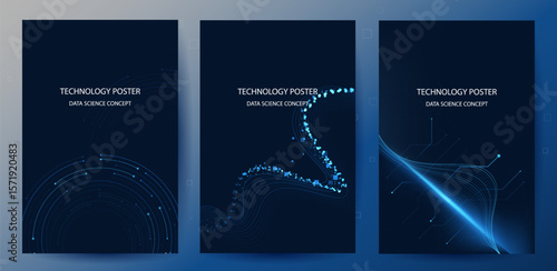 Technology Banner Poster set. Futuristic digital data wave glowing lines. Data science concept tech banner, corporate business presentation or booklet technology