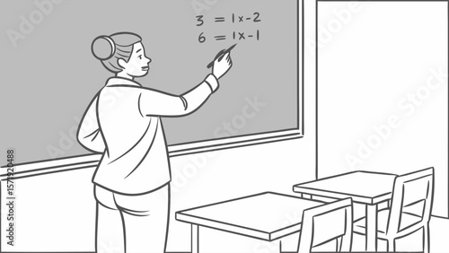 Female teacher writing math equations on a blackboard in a classroom. Education and learning concept illustration.