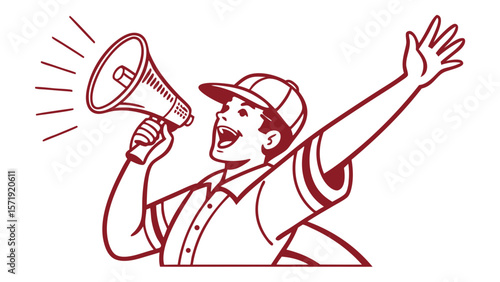 Retro Man Shouting Through Megaphone Line Art Illustration for Announcement, Sales, and Promotion