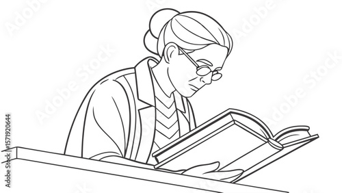Concentrated Woman Reading Book with Glasses - Monochrome Line Art Illustration