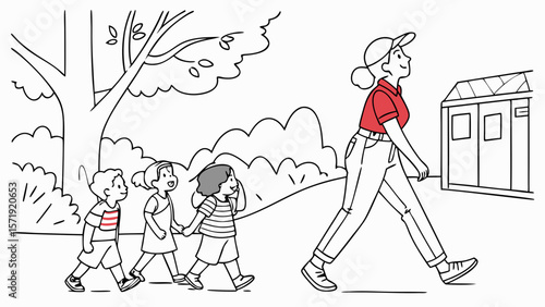 Caregiver Leading Three Children Walking in a Line Outdoors. Simple Line Art Illustration of Adult and Young Kids.