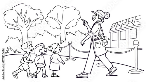 Children on educational outdoor trip with a guide, black and white line art illustration for learning and fun.