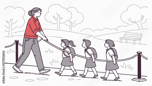 Teacher guiding young students with a safety rope during an outdoor walk in a park illustration